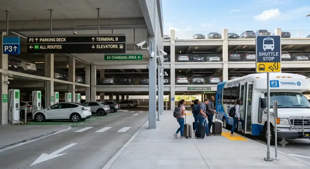 Modern airport parking facility with shuttle service and advanced security features.